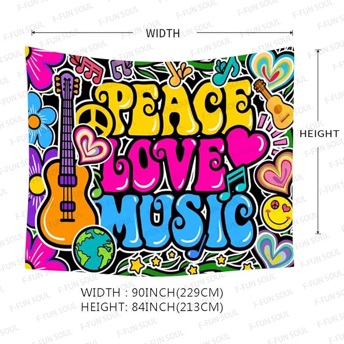 F-FUN SOUL Peace Love Tapestry Groovy Tapestry, 90x84inches, 70s Music Tapestries Psychedelic Art Tapestries Wall Hanging for Bedroom Living Room Decor Banner
