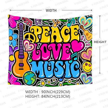 F-FUN SOUL Peace Love Tapestry Groovy Tapestry, 90x84inches, 70s Music Tapestries Psychedelic Art Tapestries Wall Hanging for Bedroom Living Room Decor Banner