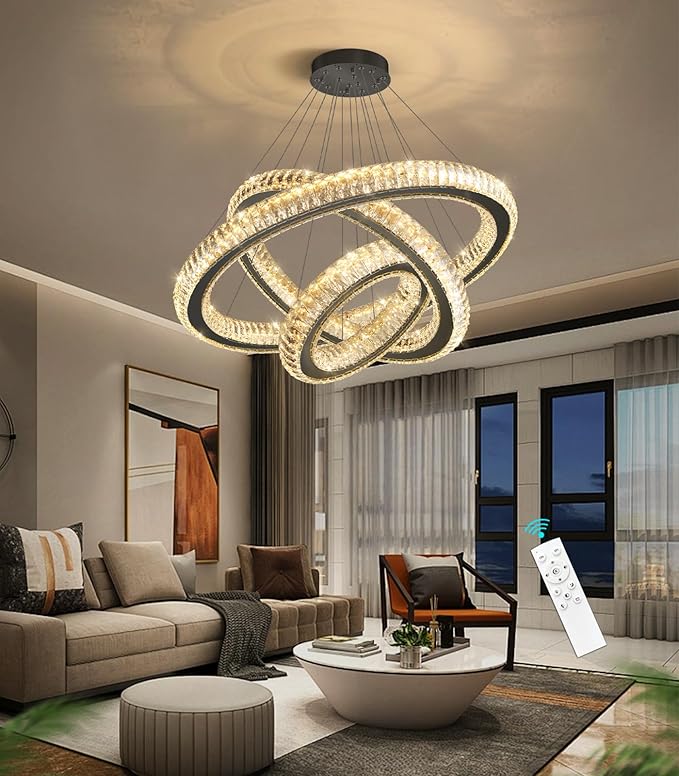 3 Rings Chandelier Modern Dimmable High Ceiling Large Ring Chanderliers Entryway Crystal Pendant Lights for Entryway Foyer Living Room Black Light