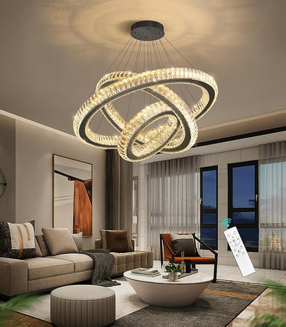 3 Rings Chandelier Modern Dimmable High Ceiling Large Ring Chanderliers Entryway Crystal Pendant Lights for Entryway Foyer Living Room Black Light