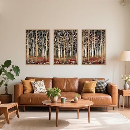 Large Modern Autumn Birch Trees Framed Canvas Wall Art,Boho Aspen Trees Wall Decor,Mid Century Fall Forest Artwork,Natural Midnight Wilderness Art Print for Living Room,Bedroom,Office-16"x24"x3