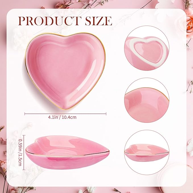 Shappy 12 Pcs Valentine Ceramic Jewelry Tray 4.5 in Pink Heart Ring Dish Trinket Gift for Women Birthdays Party Decoration