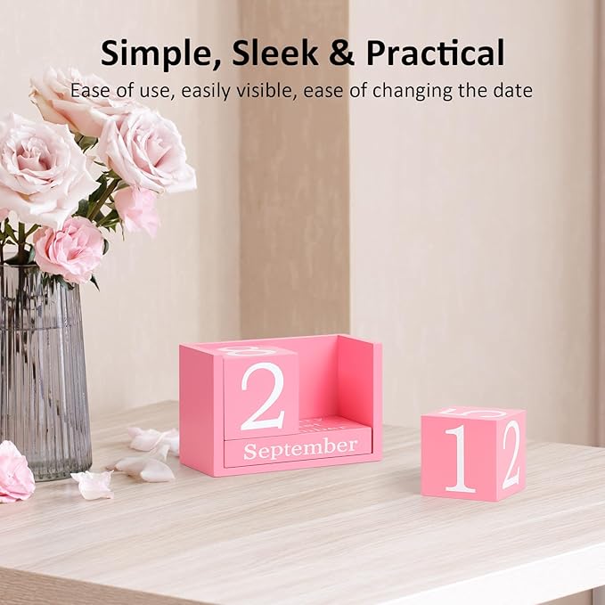 Wooden Block Calendar for Desk, Large Size Daily Desktop Perpetual Desk Calendar, Cute Date Display Desk Accessories for Home Office Decor, Teacher, Classroom, Reusable Yearly, Pink