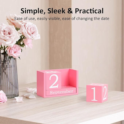 Wooden Block Calendar for Desk, Large Size Daily Desktop Perpetual Desk Calendar, Cute Date Display Desk Accessories for Home Office Decor, Teacher, Classroom, Reusable Yearly, Pink
