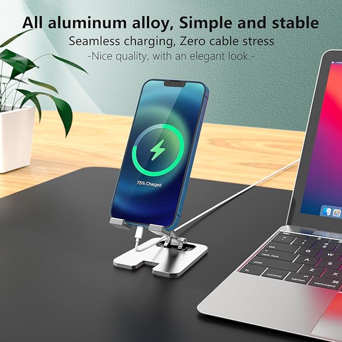 Amzpas Adjustable Cell Phone Stand Metal, Foldable Desktop Cellphone Stand with Anti-Slip Base and Convenient Charging Port, for Phone 17 16 15 14 13 12 11 Pro Xs Xs Max Xr X 8, All Phones