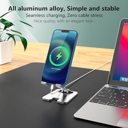 Amzpas Adjustable Cell Phone Stand Metal, Foldable Desktop Cellphone Stand with Anti-Slip Base and Convenient Charging Port, for Phone 17 16 15 14 13 12 11 Pro Xs Xs Max Xr X 8, All Phones