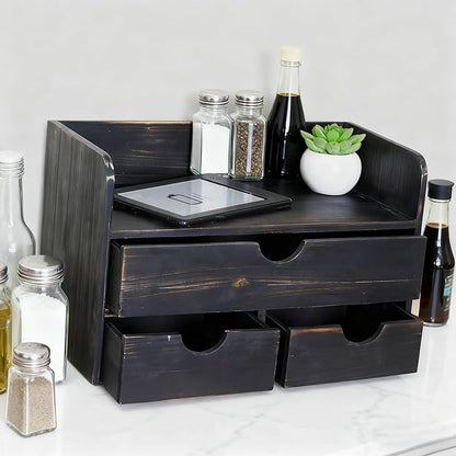 Vintage Rustic Wooden 3 Drawer with Shelf Office Desk Organizer & Mail Rack For Desktop,Box for Office Home Toiletries Supplies Vanity, No Assembly Required (Rustic Black)