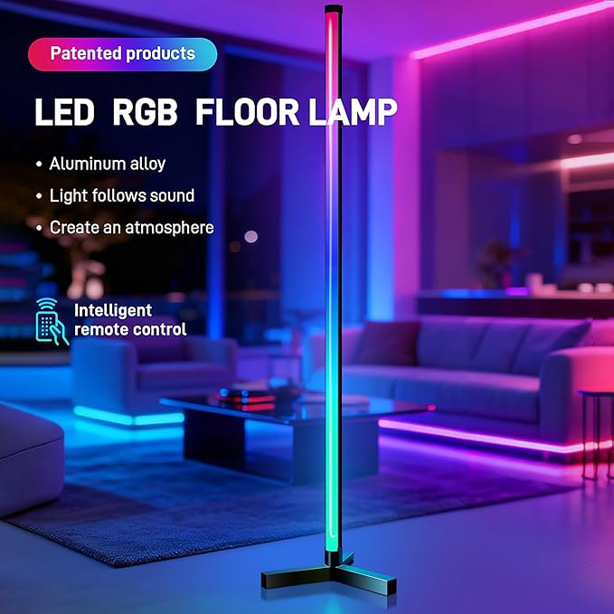 RGB LED Floor Lamp Minimalist Style, 16 Million Colors, White / Colored Lights Dimmable, with Remote Control, Music Sync, Modern Farmhouse Decor Led Lights for Bedroom, Living Room, Gaming Room