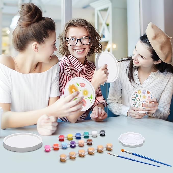MotiMind 4 Set Ceramics to Paint Round Jewelry Tray Ready to Paint Your Own Ceramic Ring Dish Holder DIY Unpainted Plaster Trinket Dish Paintable Tray Crafts with Brush Palette for Adults