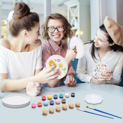 MotiMind 4 Set Ceramics to Paint Round Jewelry Tray Ready to Paint Your Own Ceramic Ring Dish Holder DIY Unpainted Plaster Trinket Dish Paintable Tray Crafts with Brush Palette for Adults