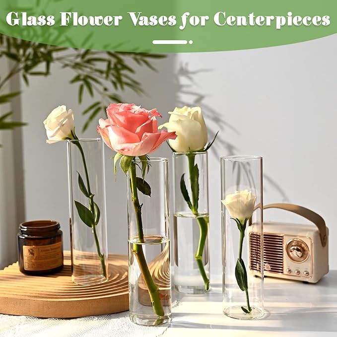 20 Pcs Glass Cylinder Bud Vases for Centerpieces, Birthday Party Wedding Centerpiece Table Decorations, Home Decor, Small Cylinder Living Bud Vases in Bulk for Flowers