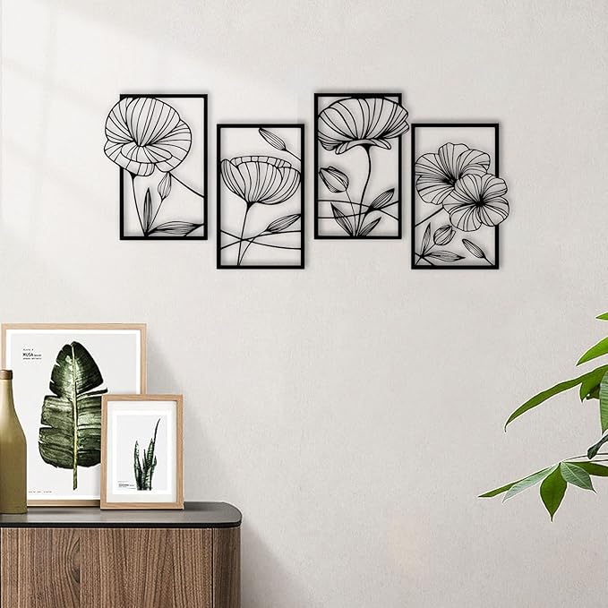 ESTART 4 Pieces Metal Lotus Wall Decor Abstract Floral Aesthetic Splicing Line Art Minimalist Wall Decor for Bedroom Flowers Hanging Wall Sculpture for Living Room Kitchen Office Yoga Room (Black)