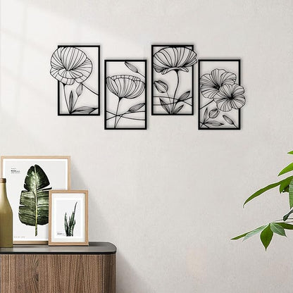 ESTART 4 Pieces Metal Lotus Wall Decor Abstract Floral Aesthetic Splicing Line Art Minimalist Wall Decor for Bedroom Flowers Hanging Wall Sculpture for Living Room Kitchen Office Yoga Room (Black)