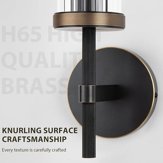 15" Knurled Brass Wall Sconces Set of 2, Black Gold Bathroom Vanity Light Fixtures with Vertical Striped Glass Tube, Modern Lamp Lighting for Bedroom, Living Room, Hallway, Staircase, Mirror, Kitchen