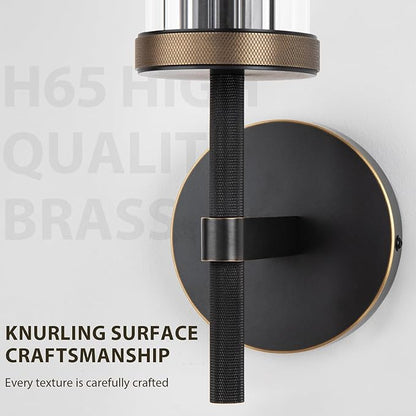 15" Knurled Brass Wall Sconce with Vertical Striped Glass Tube, Black Gold Bathroom Vanity Light Fixtures, Modern Lamp Lighting for Bedroom, Living Room, Hallway, Staircase, Mirror, Kitchen