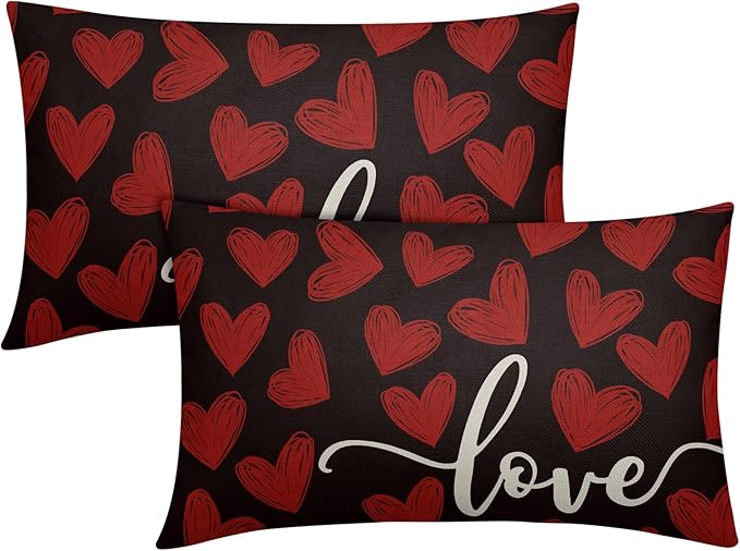 Valentines Day Pillow Covers 12x20 Set of 2 Black Heart Throw Pillow Covers Love Pillowcase Linen Decoration Farmhouse Holiday Cozy Soft Cushion Case Couch for Indoor Outdoor Home Decor