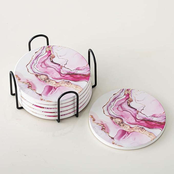 Ceramic Drink Coasters Set of 6 with Holder, Modern Marble Absorbent Ceramic Coasters, Round Ceramic Table Coasters for Home Decor Coffee Kitchen (4 Inches), Pink