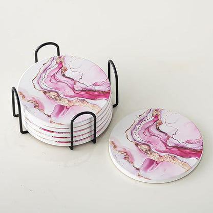 Ceramic Drink Coasters Set of 6 with Holder, Modern Marble Absorbent Ceramic Coasters, Round Ceramic Table Coasters for Home Decor Coffee Kitchen (4 Inches), Pink