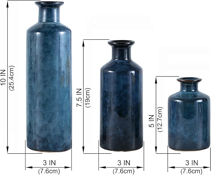 Blue Ceramic Vase Set of 3 Small Vases, Modern Farmhouse for Home Decor Bottles, Rustic Terracotta Vase Decorative Vases for Table,Fireplaces Decor, Bookshelf, Living Room