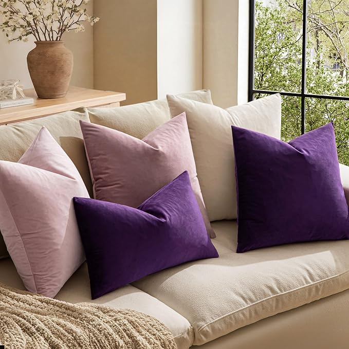 MIULEE Velvet Throw Pillow Covers 18x18 Inch, Pack of 2 - Eggplant Purple, Super Soft Decorative Square Cushion Cases Modern Luxury Spring Home Decor for Sofa,Couch,Bed,Chair