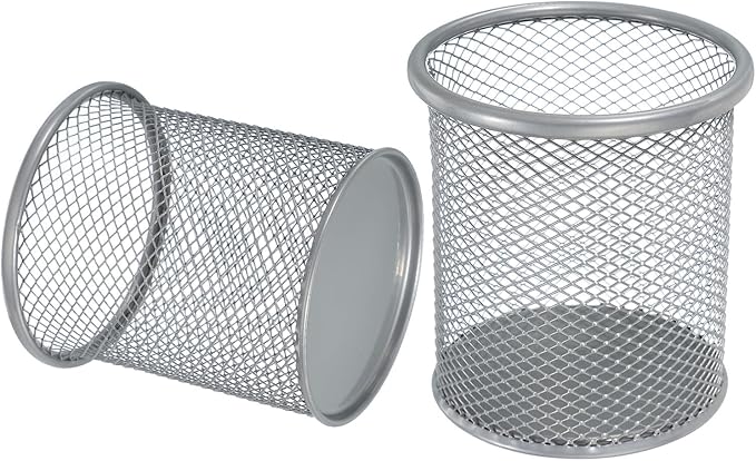 uxcell 2Pcs Mesh Pencil Holder, Metal Pen Cup Desk Organizer Makeup Brush Cup Holder for Home, Office, Classroom(Silver)