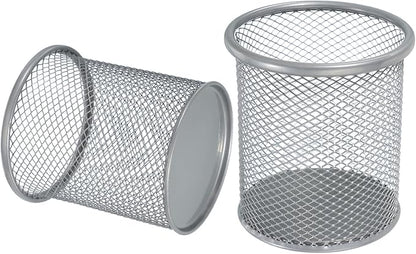 uxcell 2Pcs Mesh Pencil Holder, Metal Pen Cup Desk Organizer Makeup Brush Cup Holder for Home, Office, Classroom(Silver)
