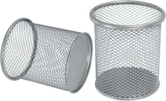 uxcell 2Pcs Mesh Pencil Holder, Metal Pen Cup Desk Organizer Makeup Brush Cup Holder for Home, Office, Classroom(Silver)