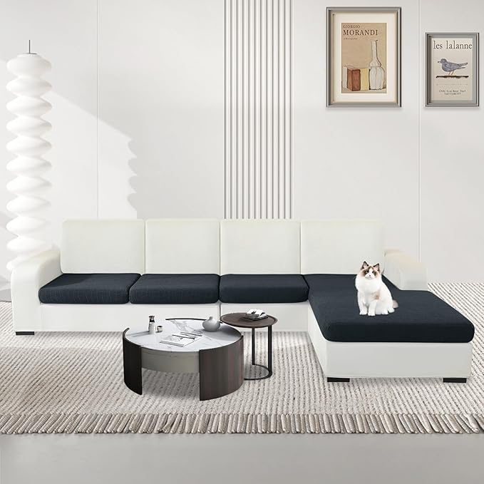 MAXIJIN Waterproof 4 Pieces Couch Cushion Covers for Sectional Sofa Seat Slipcover Stretch Sectional Couch Cover for L Shape Left/Right Chaise with Elastic Bottom (3 Seater + 1 Chaise, Dark Gray)