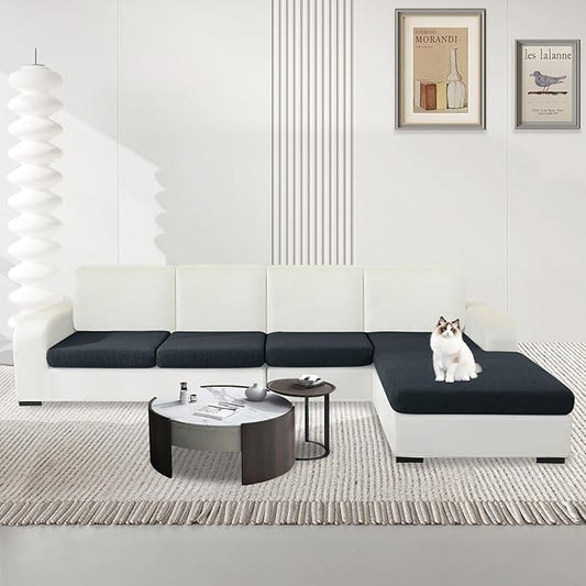 MAXIJIN Waterproof 4 Pieces Couch Cushion Covers for Sectional Sofa Seat Slipcover Stretch Sectional Couch Cover for L Shape Left/Right Chaise with Elastic Bottom (3 Seater + 1 Chaise, Dark Gray)