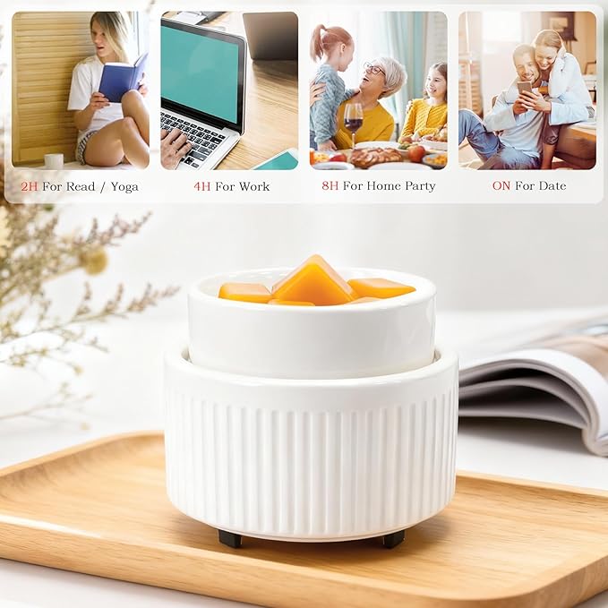 Ceramic Wax Melt Warmer with Timer - Electric Wax Warmer, Oil Burner & Candle Melter, Adjustable Heat and Auto Shut-Off for Home Office Decor, Ideal Gift（White）