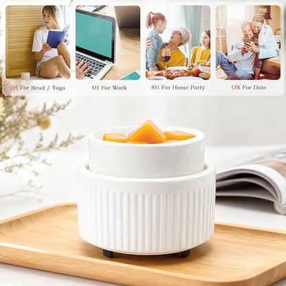Ceramic Wax Melt Warmer with Timer - Electric Wax Warmer, Oil Burner & Candle Melter, Adjustable Heat and Auto Shut-Off for Home Office Decor, Ideal Gift（White）