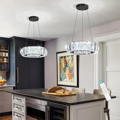 Crystal Round Chandelier Modern LED Dining Pendant Lights for Kitchen Island Dining Room Remote Dimmable Hanging Light Entrance Bedroom Lighting Black