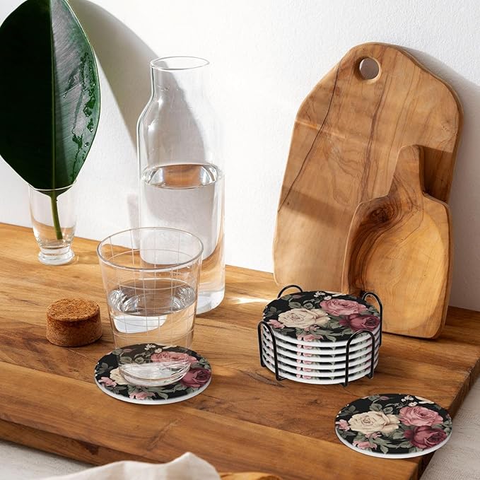 6 Pcs Ceramic Coasters with Holder Absorbent Drink Round Vintage Pink and Cream Dark Floral Design for Home Table Coffee Cup Wine Beer Bar,Size 4 inches