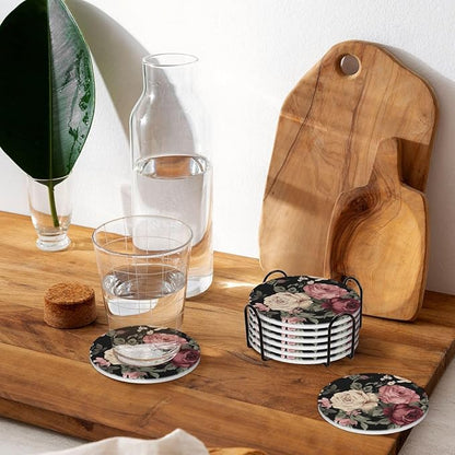 6 Pcs Ceramic Coasters with Holder Absorbent Drink Round Vintage Pink and Cream Dark Floral Design for Home Table Coffee Cup Wine Beer Bar,Size 4 inches
