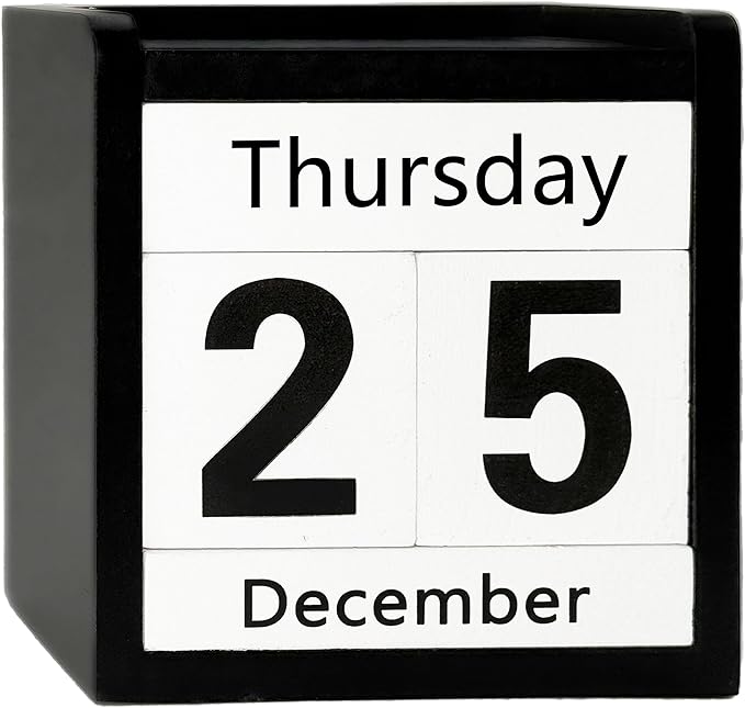 Black Perpetual Calendar Wooden Block Desk Decor Calendar - Black and White Office Desktop Accessories for Men Modern Farmhouse Teacher Classroom - Reusable & Aesthetic