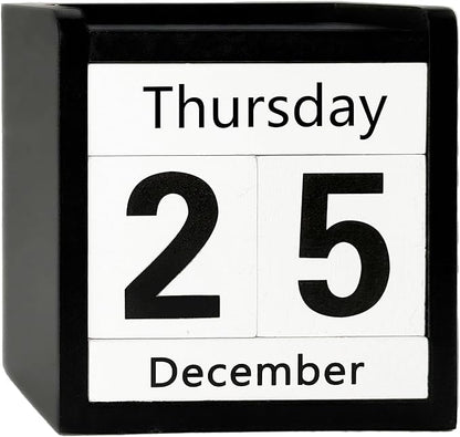 Black Perpetual Calendar Wooden Block Desk Decor Calendar - Black and White Office Desktop Accessories for Men Modern Farmhouse Teacher Classroom - Reusable & Aesthetic