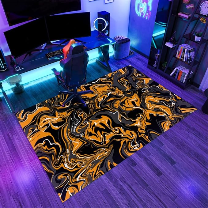 Abstract Orange Black Rug 4x6 Area Rugs Fluid Swirl Stripes Rugs Non Slip Non Shedding Print Washable Floor Carpet for Living Room Bedroom Kids Room Office Study Foyer Hallway