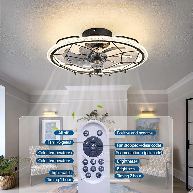 Matte Black Ceiling Fan with Light, Farmhouse Chemistry Molecular Model Caged Ceiling Fan with Remote, LED Low Profile Ceiling Light for Bedroom Kitchen Living Room