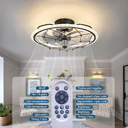 Matte Black Ceiling Fan with Light, Farmhouse Chemistry Molecular Model Caged Ceiling Fan with Remote, LED Low Profile Ceiling Light for Bedroom Kitchen Living Room
