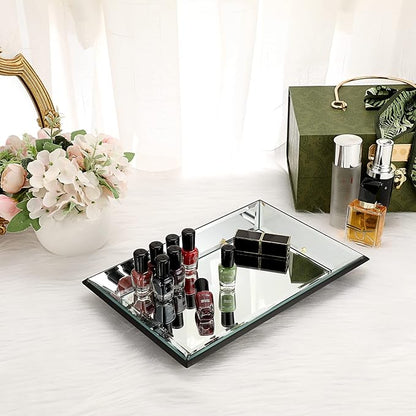 Hipiwe Glass Mirror Makeup Vanity Tray Black Rectangle Perfume Jewelry Trinket Organizer Coffee Table Centrepiece Decorative Dresser Bathroom Storage, 11.9x7.9 inch