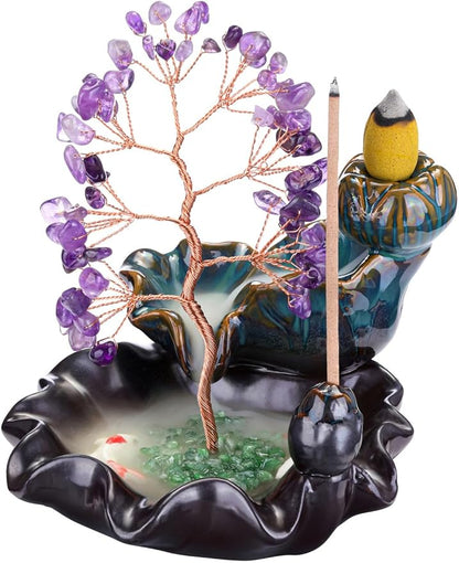 Jovivi Backflow Incense Burner Ceramic Incense Waterfall, Natural Amethyst Healing Crystal Money Tree Incense Holder for Wealth, Good Luck, Yoga Meditation, Home Decor