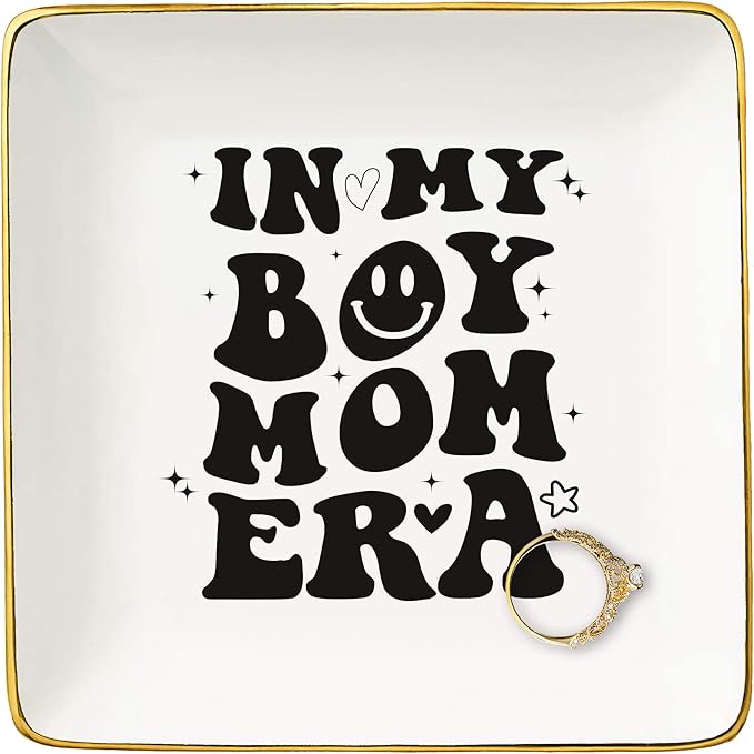 NZY Gender Reveal Gift-New Mother-Baby Present Shower-Newborn -Baby Announcement Present-Christmas Gift-Ceramic Jewelry Tray Trinket Holder Ring Dish-Boy Mom Club-In My Boy Mom Era