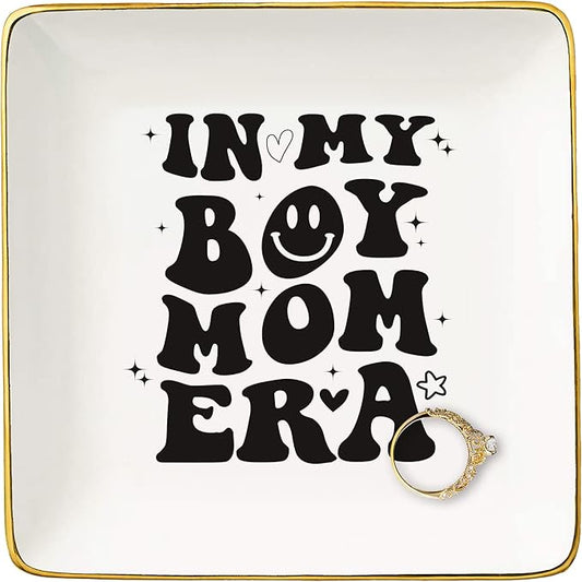 NZY Gender Reveal Gift-New Mother-Baby Present Shower-Newborn -Baby Announcement Present-Christmas Gift-Ceramic Jewelry Tray Trinket Holder Ring Dish-Boy Mom Club-In My Boy Mom Era