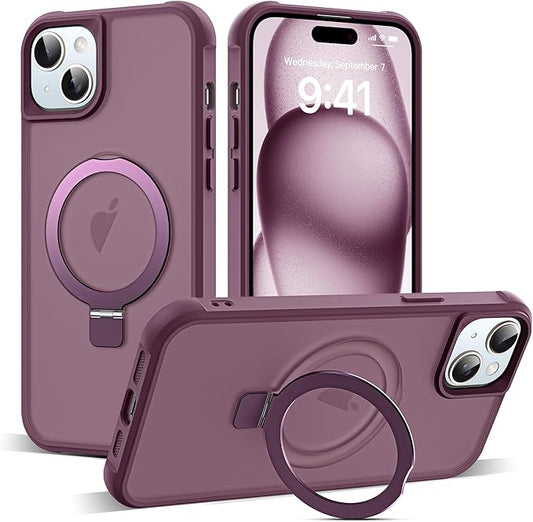 Compatible with iPhone 15 Case with Invisible Magnetic O-Ring Stand Military-Grade Translucent Case for iPhone 15 6.1" [Compatible with Mag-Safe][Great Grip Feeling], Wine Red