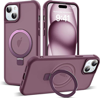Compatible with iPhone 15 Plus Case with Invisible Magnetic O-Ring Stand Military-Grade Translucent Case for iPhone 15 Plus 6.7" [Compatible with Mag-Safe][Great Grip Feeling], Wine Red
