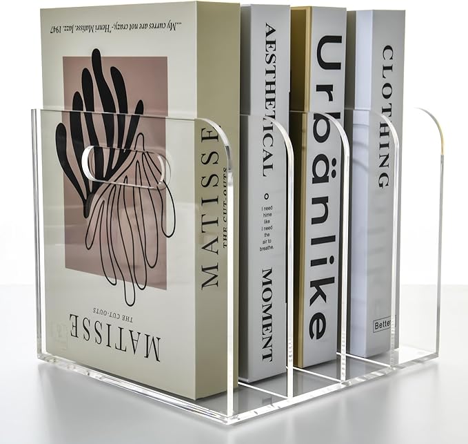 4 Vertical Compartments Clear Acrylic Magazine & File Holder – Multipurpose Desk Organizer for Office, Tablets, Magazines, Books – Documents/Home/Classroom Rack