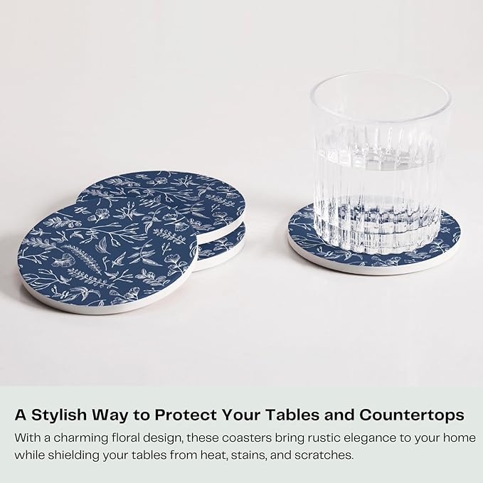 Set of 6 Floral Navy Blue Coasters with Holder, Absorbent Ceramic Drink Coasters with Cork Backing for Table Protection, Coffee Table Décor