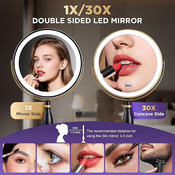 30x Magnifying Mirror with Light, Matte Black with Gold Trim, Makeup Mirror with 3 Color Lights & Brightness Adjustable, 5000mAh Rechargeable Vanity Mirror, Modern Style Side Touch + Side Charge