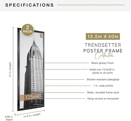 MCS Trendsetter 13.5x40 Poster Frame Black High-Gloss, Vertical & Horizontal Wall Hanging Large Picture Frame for Photos, Posters & Art Prints (2-Pack)