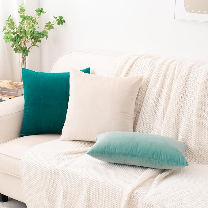 HWY 50 Teal Blue Velvet Throw Pillow Covers 18x18 Inch, Pack of 2 Soft Cozy Solid Decorative Luxury Cushion Cases for Couch Sofa Bed Living Room Bedroom